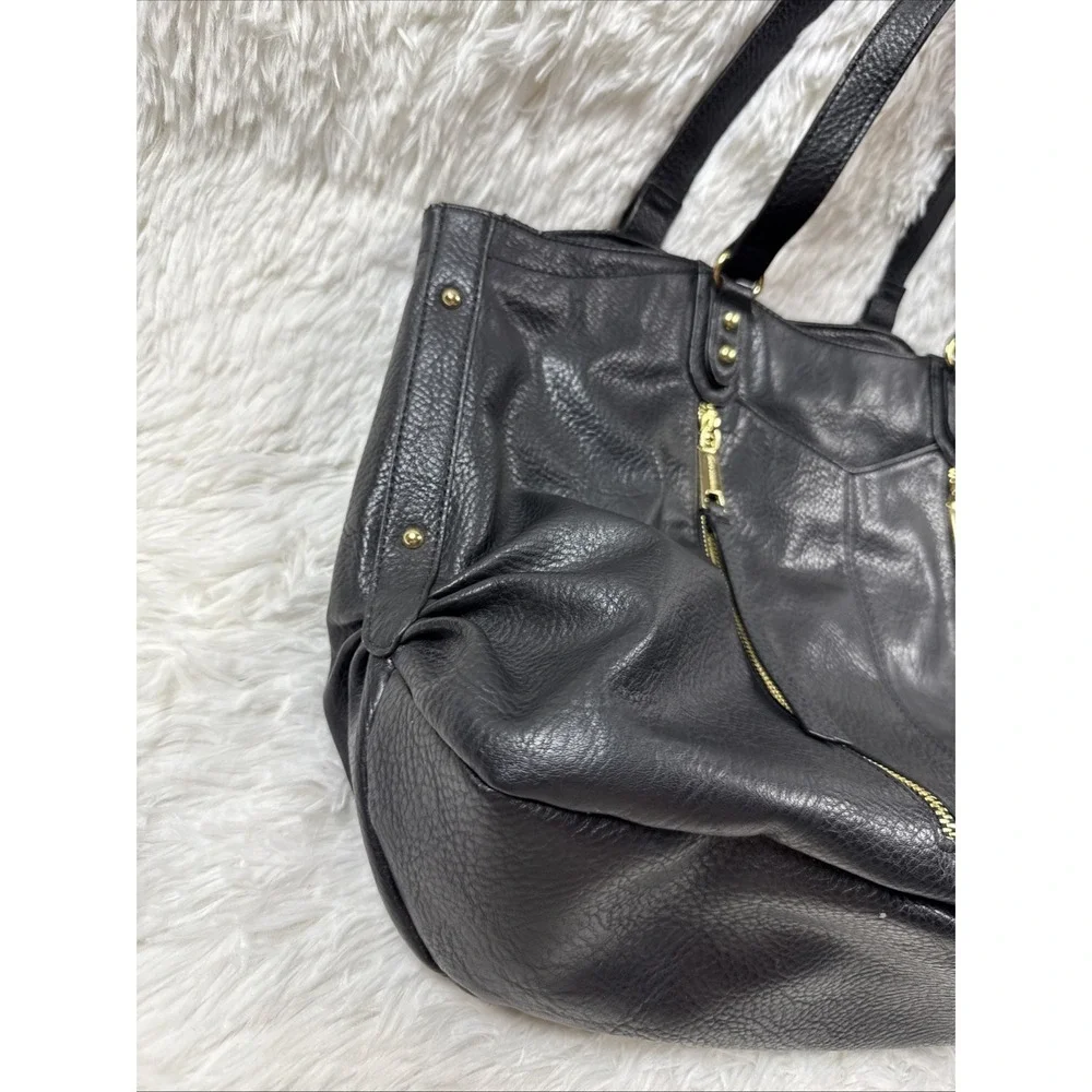 Juicy Couture Style‎ Black Faux Leather Tote Large Gold Zipper Shoulder Bag